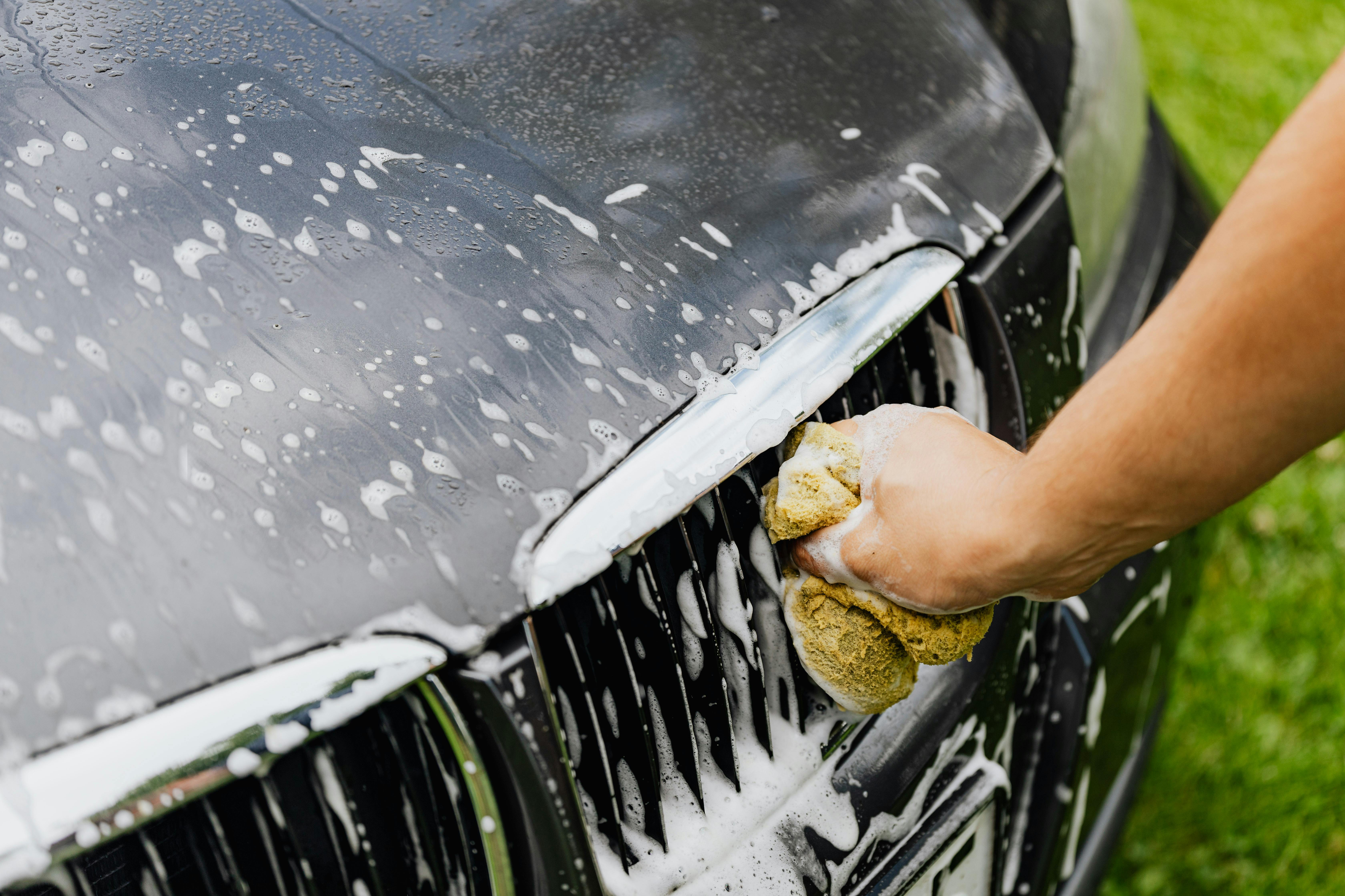 Hand washing car hood with sponge